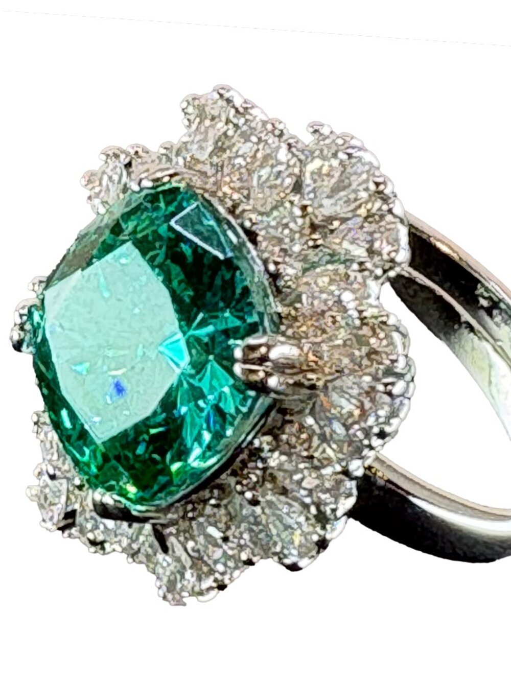 Rhodium Plated Paraiba Green Birds Nest Cut CZ Statement Ring Adjustable 7.85g